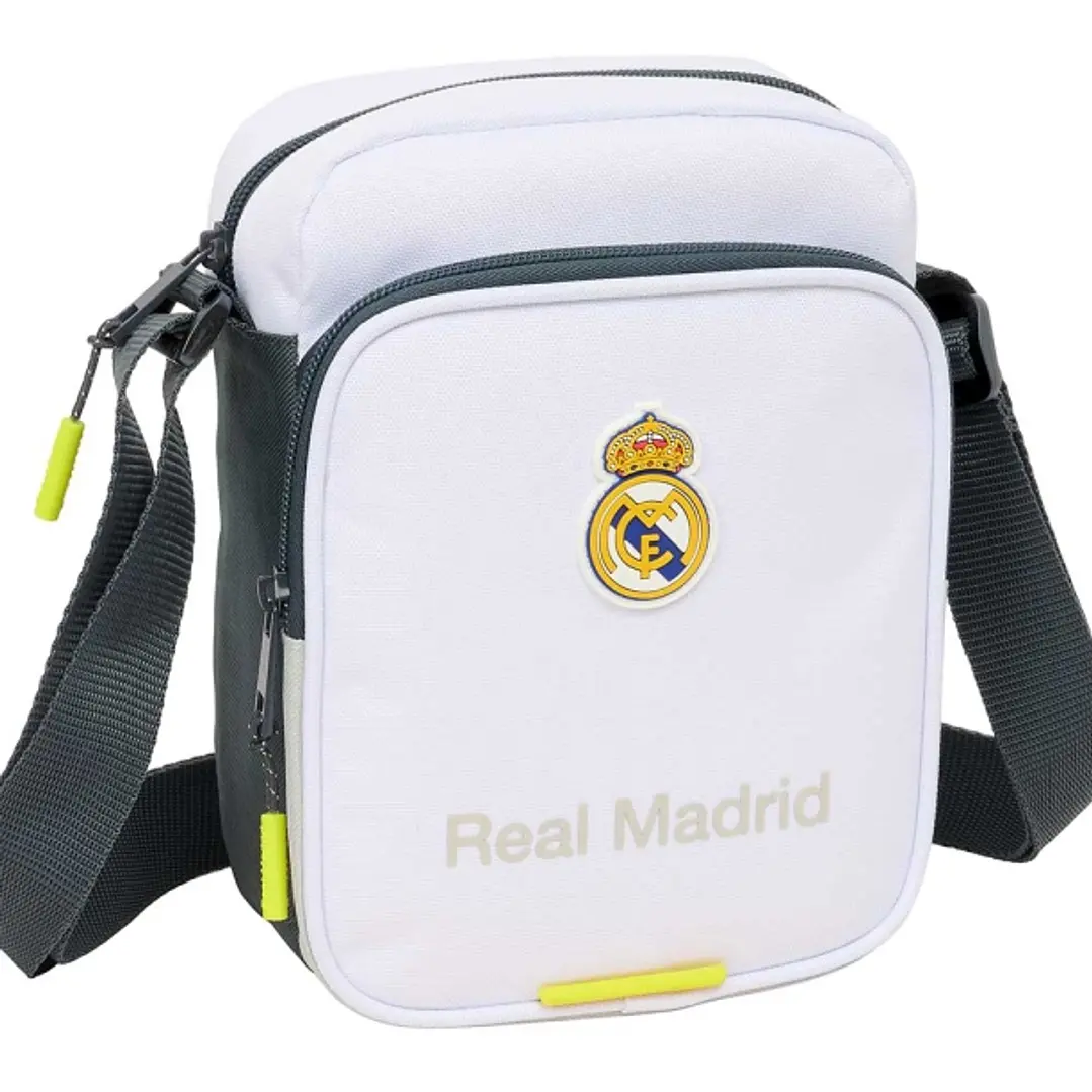 Safta Real Madrid Bandolera de 2L - Ajustable - Bolsillo Trasero con Velcro - Cierre con Cremallera - 16x22x6cm - Color Blanco y Negro 1
