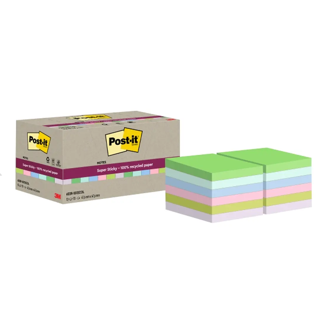 Post-It Super Sticky Pack de 12 Blocs de 70 Notas Adhesivas Recicladas - Forma Cuadrada - 47.6x47.6mm - Colores Surtidos 1