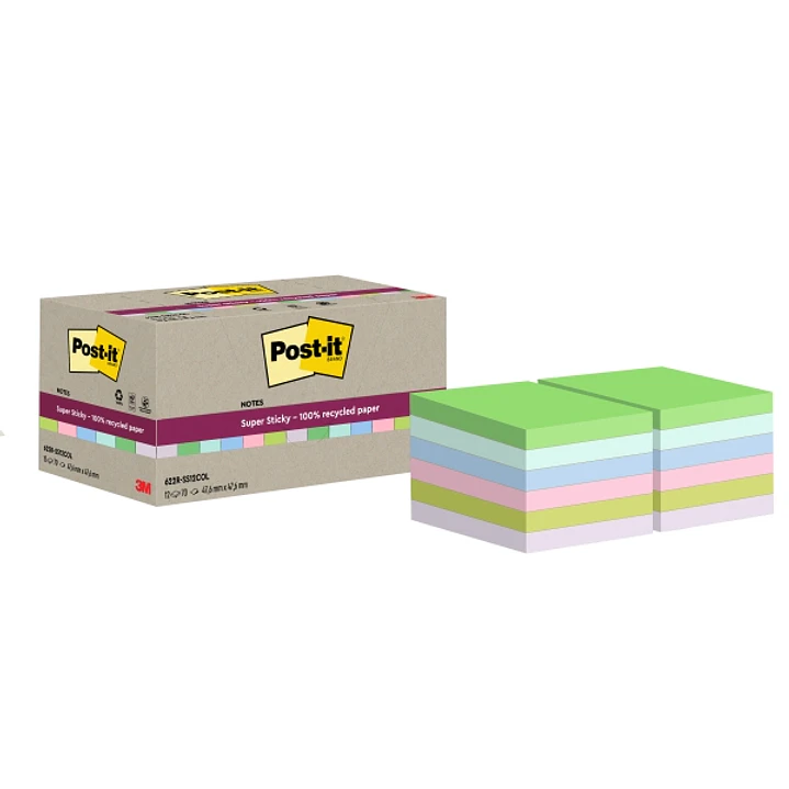 Post-It Super Sticky Pack de 12 Blocs de 70 Notas Adhesivas Recicladas - Forma Cuadrada - 47.6x47.6mm - Colores Surtidos 1