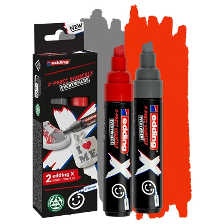 Edding X 6900 Pack de 2 Rotuladores Multisuperficie Permanentes de Tinta Opaca - Punta Biselada con Trazo 2-10mm - Color Gris y Rojo 1