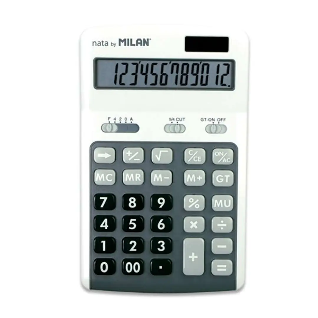 Milan Calculadoras de 12 Digitos - 3 Teclas de Memoria - Calculo de Margenes - Raiz Cuadrada - Apagado Automatico - Color Blanco y Gris 1