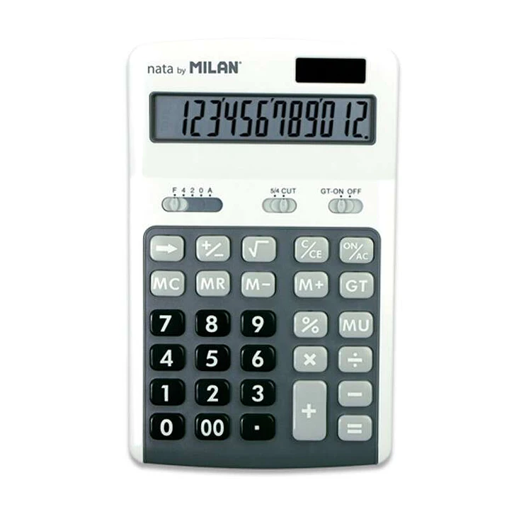 Milan Calculadoras de 12 Digitos - 3 Teclas de Memoria - Calculo de Margenes - Raiz Cuadrada - Apagado Automatico - Color Blanco y Gris 1