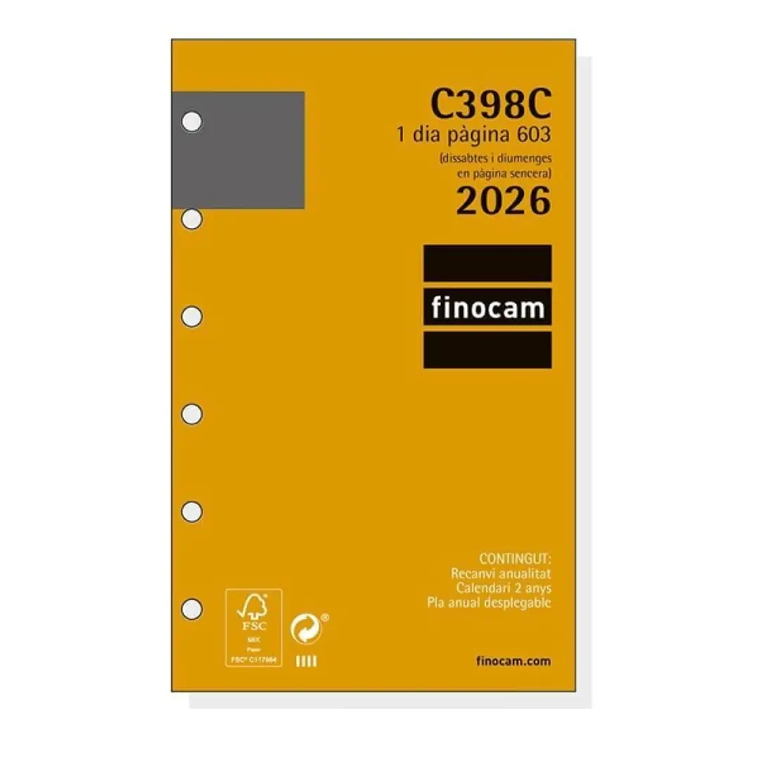 Finocam C398C Recambio para Agendas Classic en Catalan - Anual 2026 - Esquinas Microperforadas - Formato 603 - 79x18x127mm - 1 Dia por Pagina - Color  1
