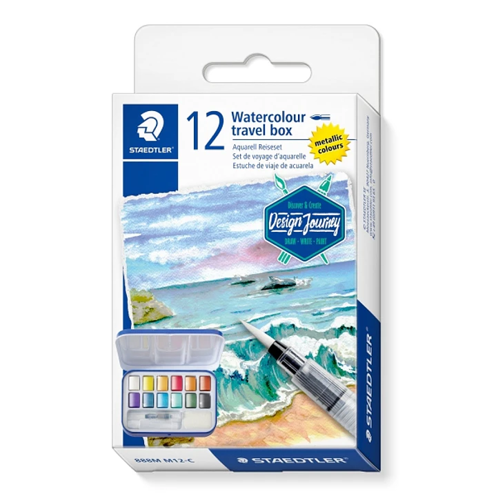Staedtler 888 Design Journey Caja Metalica con 12 Pastillas de Acuarela Tonos Metalicos + Pincel de Agua M + Esponja - Tapa con Paleta para Mezclar -  1