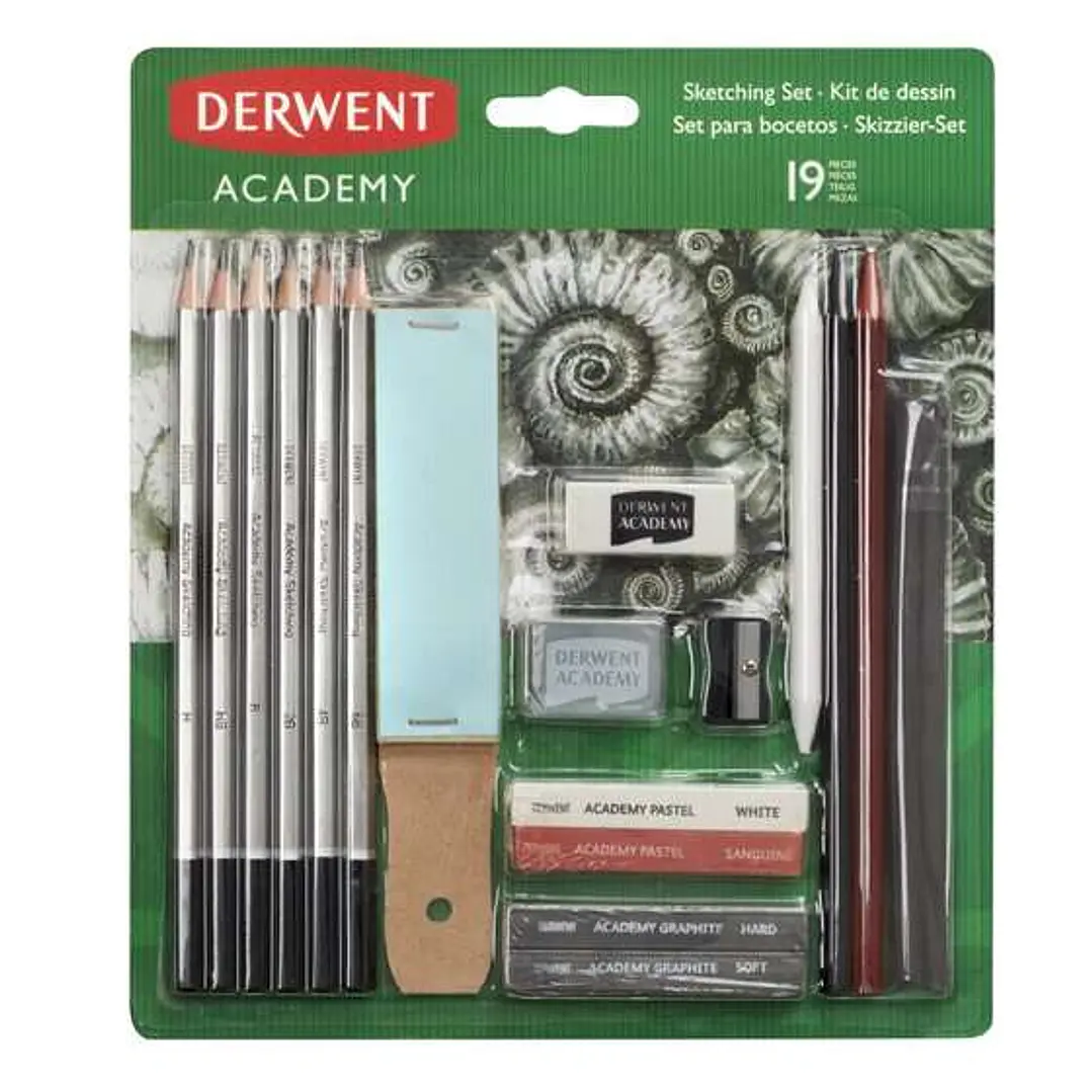 Derwent Academy Sketching Pack de 6 Lapices de Grafito de Durezas Surtidas, 2 Bloques de Grafito, 2 Barras de Dibujo sin Madera, 2 Pasteles (White/San 1