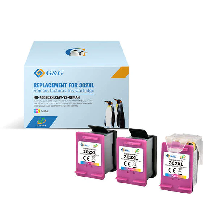 G&G HP 302XL Color Pack de 3 Cartuchos de Tinta Remanufacturados - Eco Saver - Muestra Nivel de Tinta - Reemplaza F6U67AE/F6U65AE/B7RT9AE/B7RT6AE 1