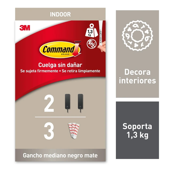 Command Pack de 2 Ganchos Medianos - 3 Tiras Adhesivas - Soporta hasta 1.3kg - Color Negro Mate 1