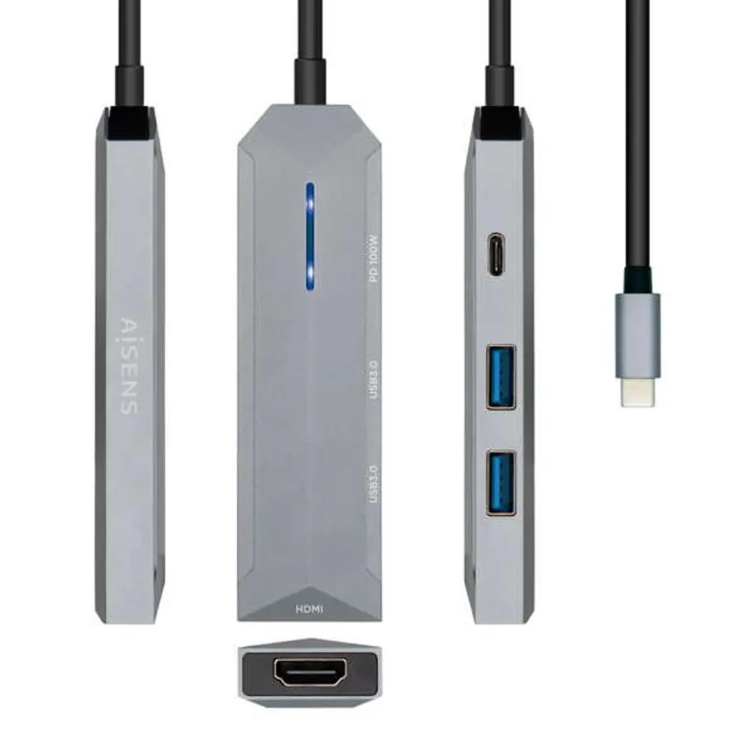 Aisens USB-C Dock 4 en 1 - USB-C a 1xHDMI - 2xUSB - 1xPD - 15cm - Color Gris 1