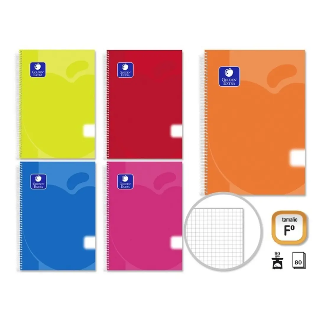 Golden Extra Pack de 5 Cuadernos Folio 80 Hojas 90gr Cuadricula - Margen Remarcado - Tapa Polipropileno Translucido - Colores Surtidos 1