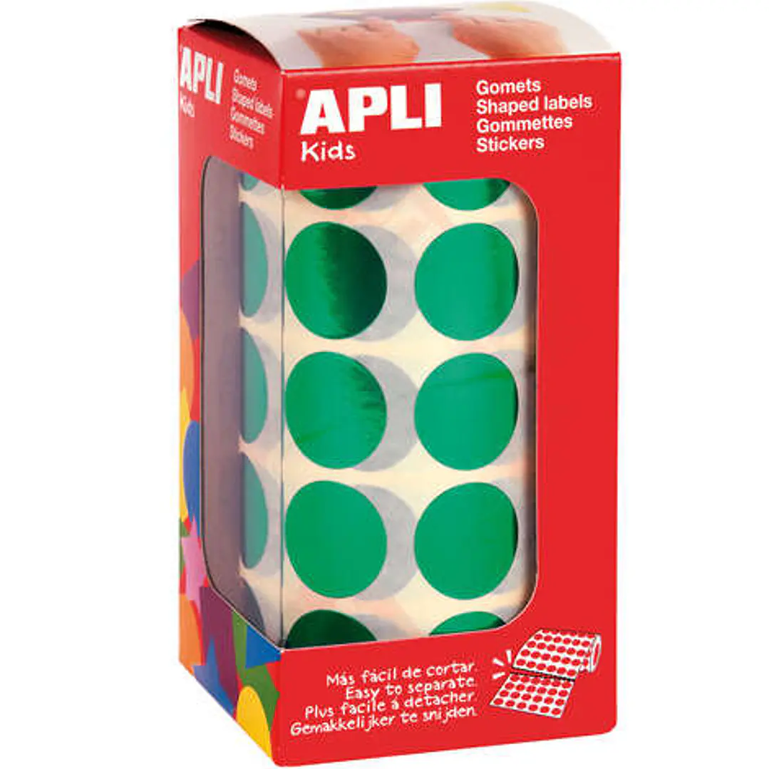 Apli Rollo de 1770 Gomets Redondos Ø 20mm - 59 Hojas Pretroqueladas - Adhesivo Permanente - Normas EN-71 y FSC - Adhesivo Base Agua - Materiales Recic 1