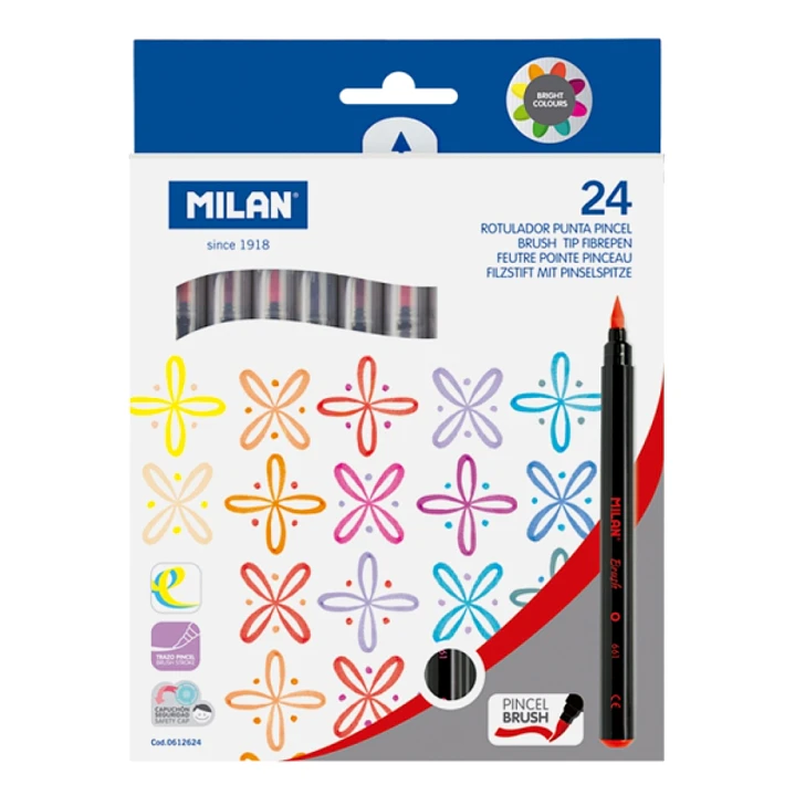 Milan Pack de 24 Rotuladores Punta Pincel - Tinta al Agua - Punta de Pincel 0.5 a 4mm - Colores Surtidos 1