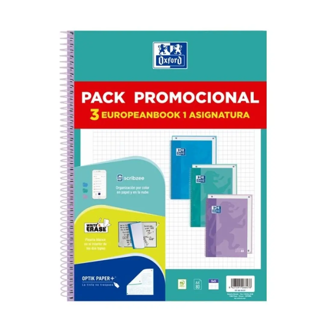 Oxford Europeanbook 1 Touch Pack de 3 Cuadernos Espiral Formato A4+ Cuadriculado 5x5mm - 80 Hojas 90gr - Tapa Extradura Tacto Suave - Recuadro de Colo 1