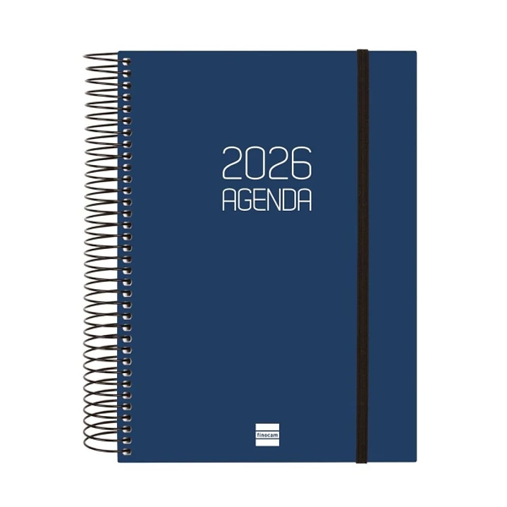 Finocam Opaque Agenda de Espiral - Anual 2026 - Tapa Ligera - Cierre con Goma Elastica - Formato E10 - 175x29x212mm - 1 Dia por Pagina - Color Azul 1