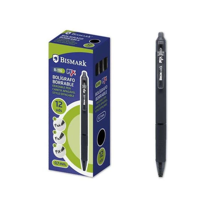 Bismark Fix Boligrafo Retractil Borrable - Punta Fina 0.7mm - Con Clip - Color Negro 1