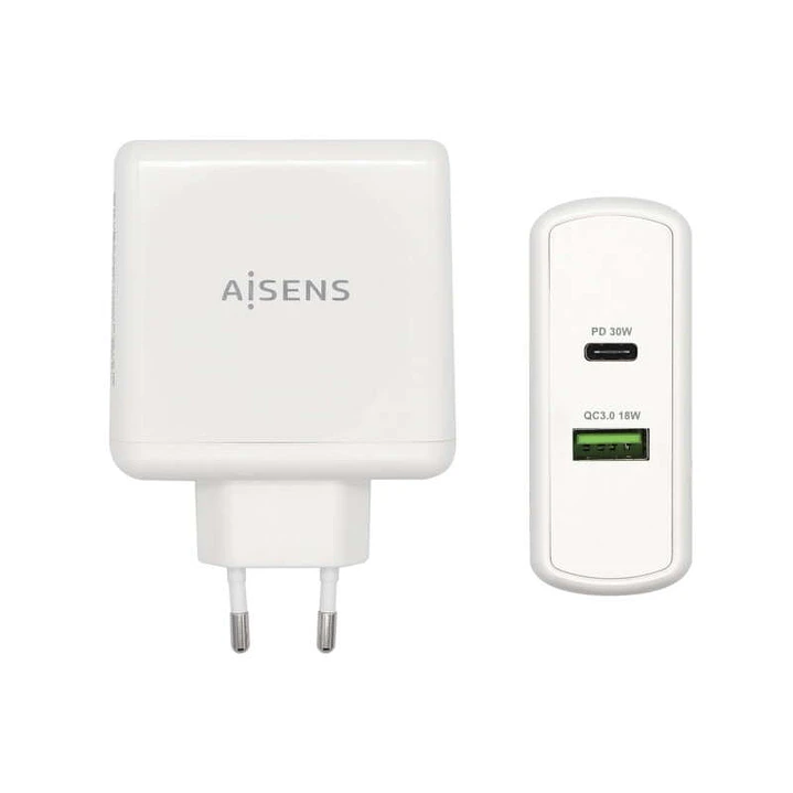 Aisens Cargador para Smartphone 48W 1x USB-C PD3.0 30W, 1x USB-A QC3.0 18W 1
