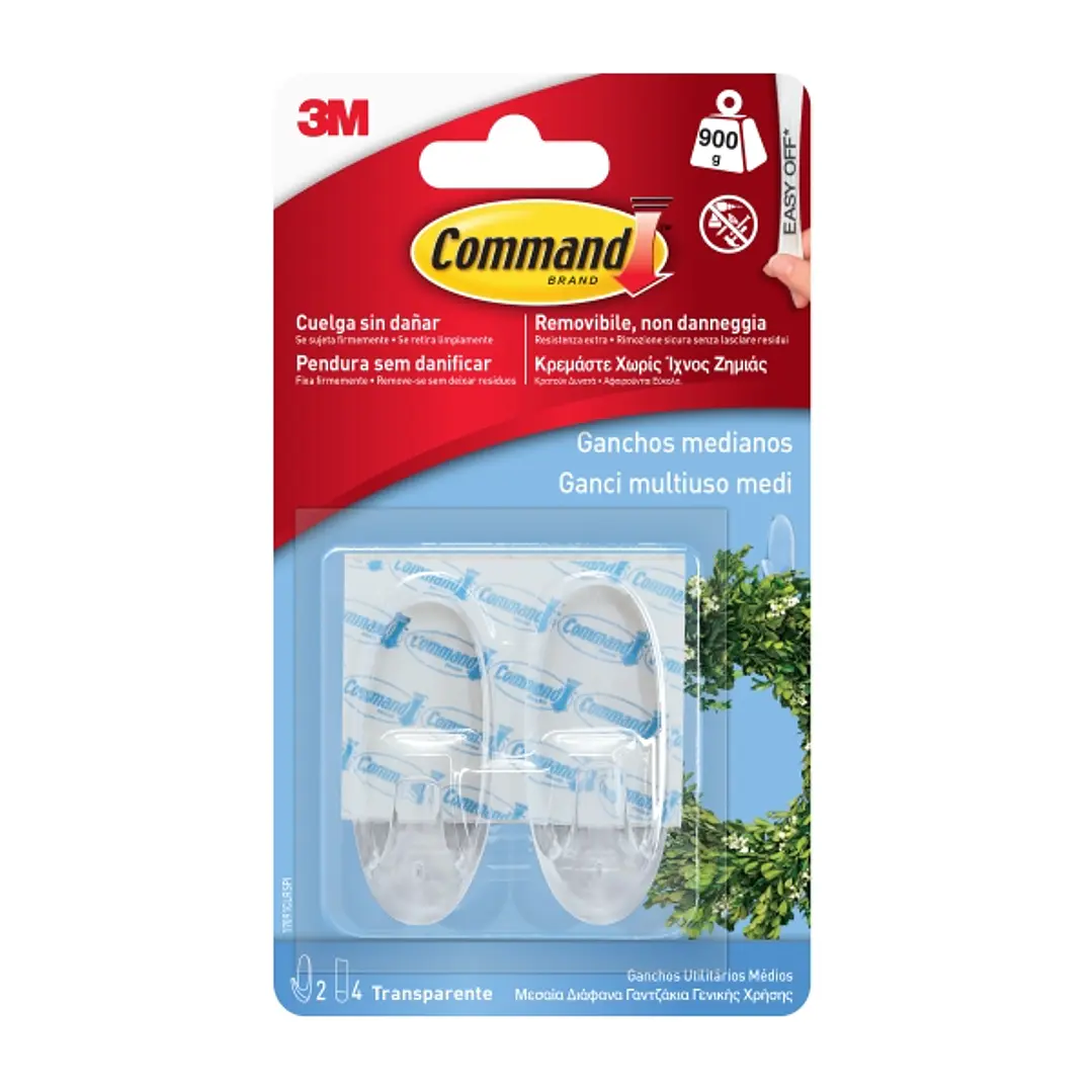 Command Pack de 2 Ganchos Medianos - 4 Tiras Adhesivas - Soporta hasta 0.9kg - Color Transparente 1