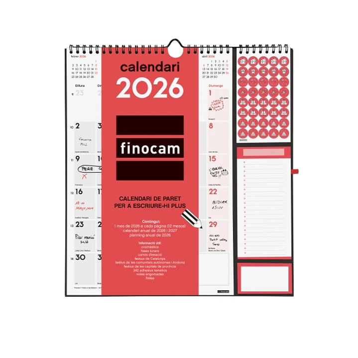 Finocam Calendario de Pared en Catalan - Anual 2026 - Anilla Portaboligrafo - 300x11x335mm - Espacio para Escribir - Color Blanco y Rojo 1