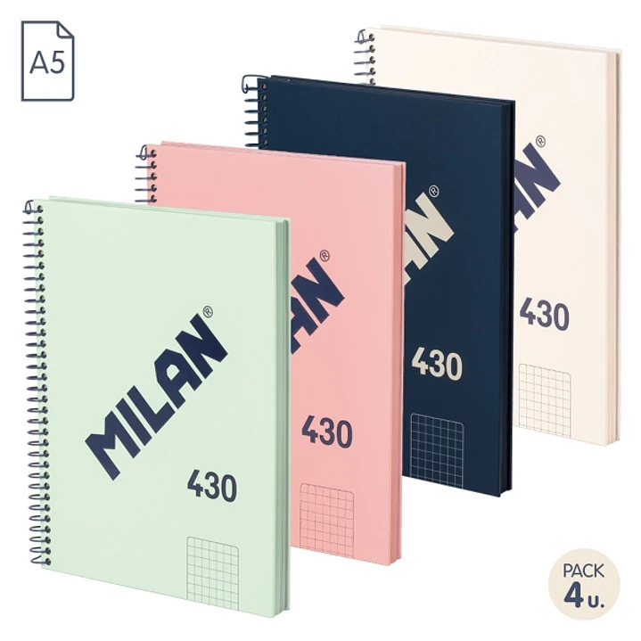 Milan Serie 1918 Pack de 4 Cuadernos Espiral Formato A5 Cuadricula 5x5mm - 80 Hojas de 95 gr/m2 - Microperforado, 2 Taladros - Colores Surtidos 1