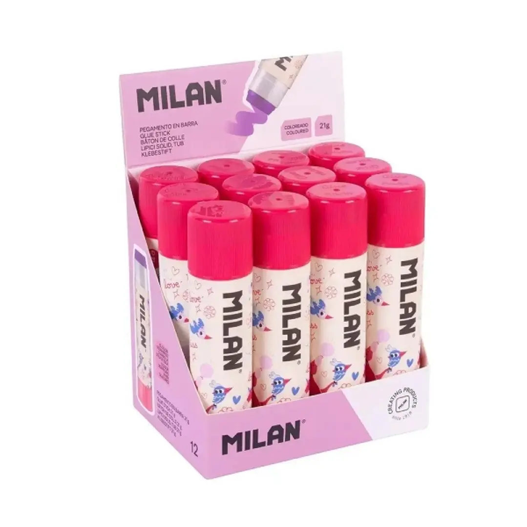 Milan Flowicorn Expositor con 12 Barras de Pegamento 21g - Multiusos - Multisuperficies - Sin Disolventes - Uso Escolar - Color Violeta 1