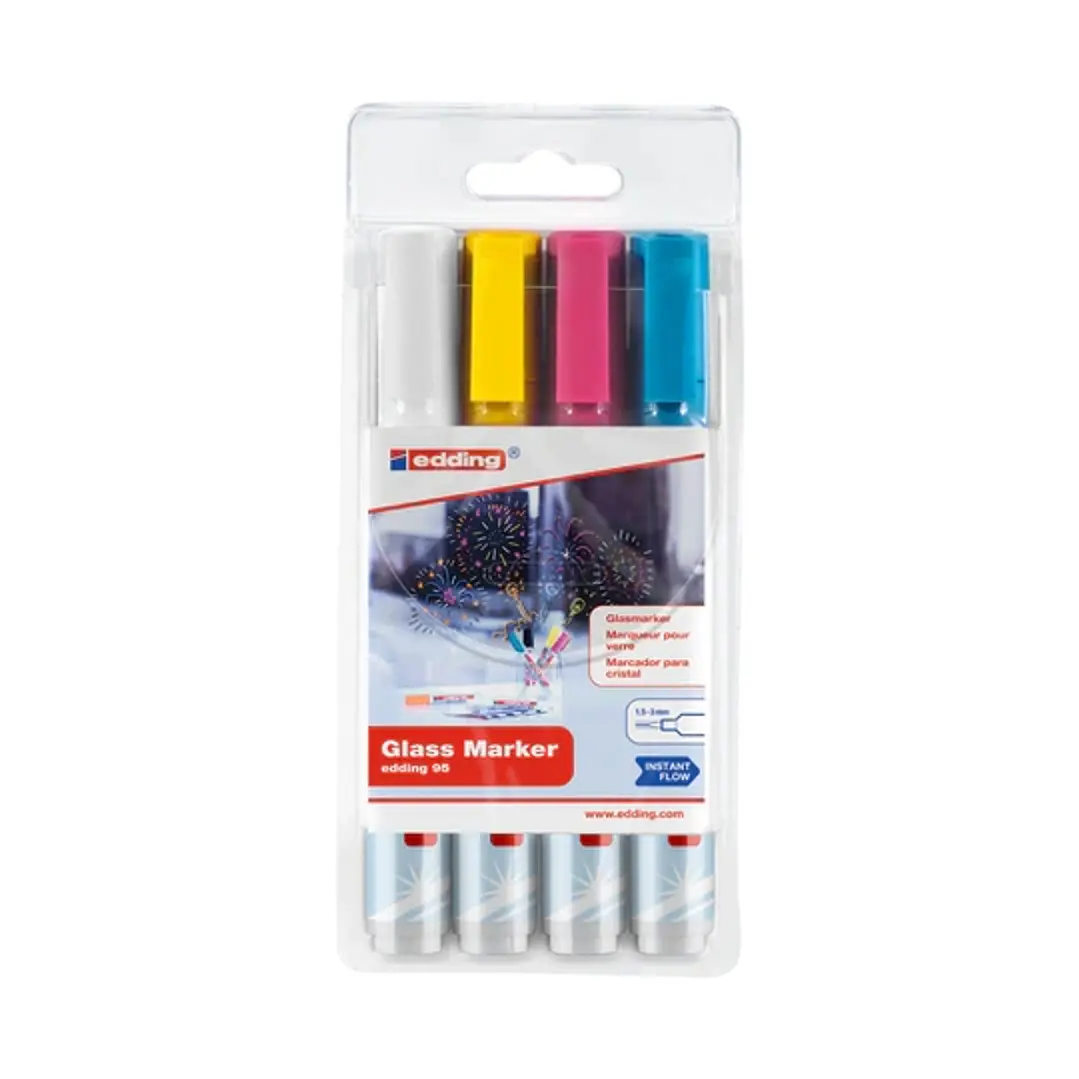 Edding 95 Pack de 4 Rotuladores para Cristal - Punta Redonda - Trazo 1.5-3mm - Colores Blanco, Amarillo, Rosa y Azul 1
