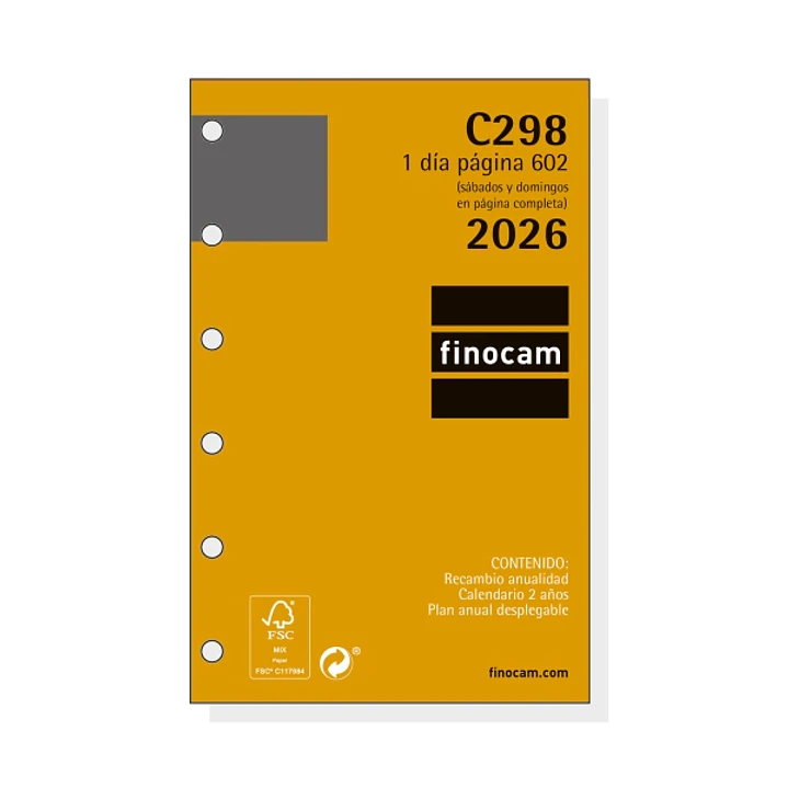 Finocam C298 Recambio para Agendas Classic - Anual 2026 - Hojas Microperforadas - Formato 602 - 73x18x114mm - 1 Dia por Pagina - Color Blanco 1