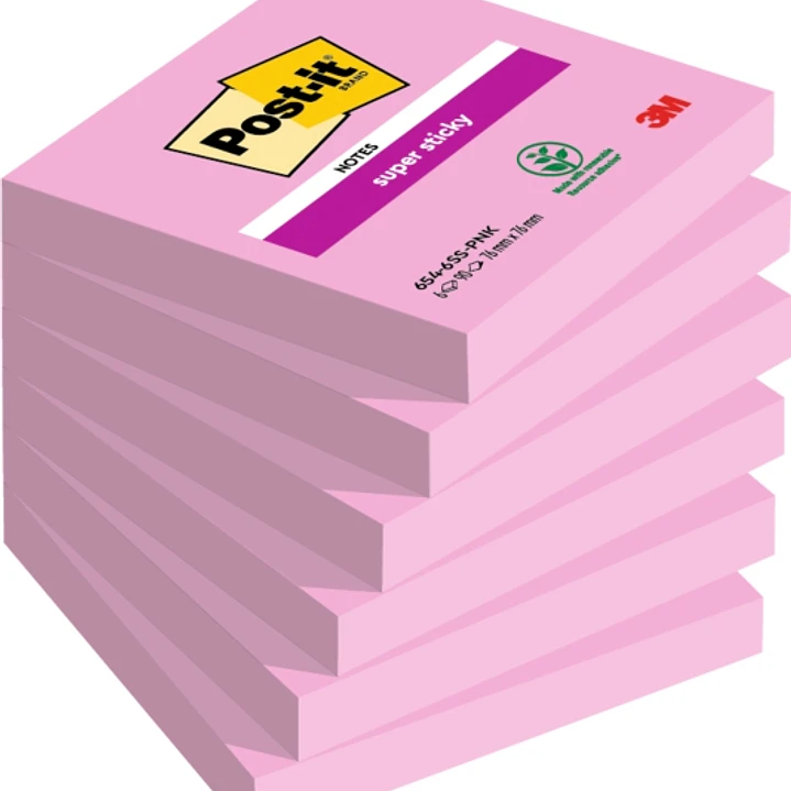 Post-It Super Sticky Pack de 6 Blocs de 90 Notas Adhesivas Reposicionables - 76x76mm - 100% PEFC - Color Rosa 1