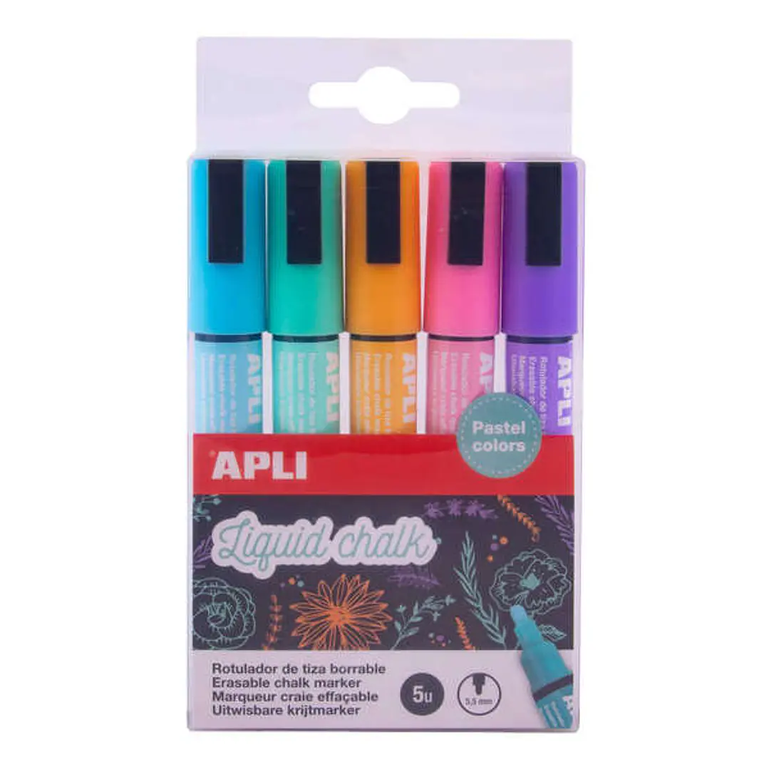 Apli Pack de 5 Rotuladores de Tiza Liquida Punta Redonda - Punta 5.5 mm - Secado Rapido - Colores Pastel Surtidos 1