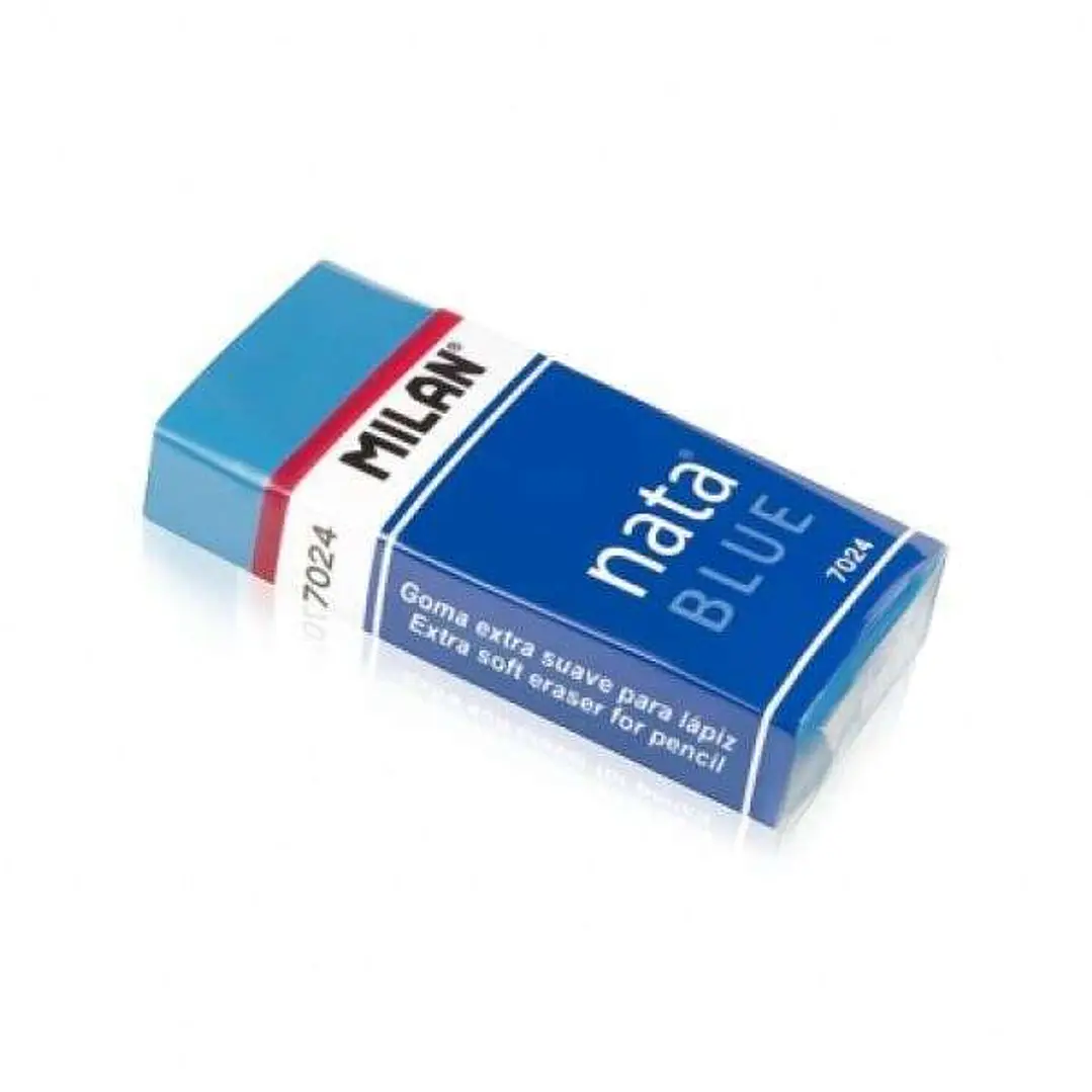 Milan Nata 7024B Goma de Borrar Rectangular - Plastico - Faja de Carton Azul - Envuelta Individualmente - No Daña el Papel - Color Azul 1