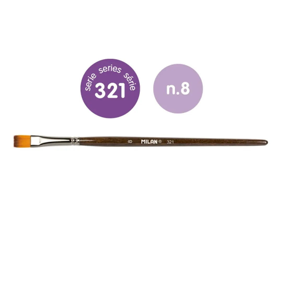 Milan 321 Pack de 6 Pinceles Planos Numero 8 - Bolsa con Colgador - Pelo Sintetico - Color Madera Oscuro 1