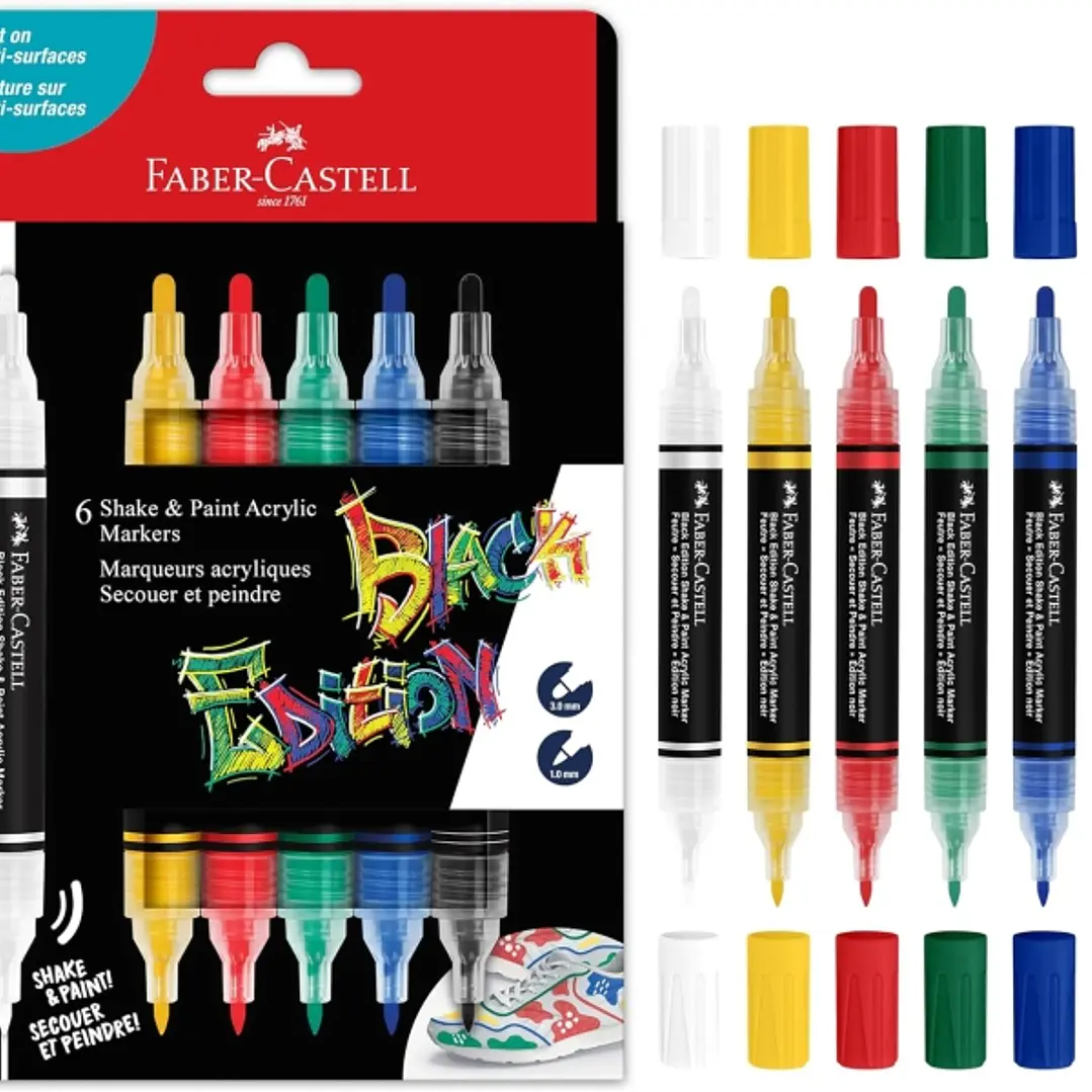 Faber-Castell Shake & Paint Black Edition Pack de 6 Rotuladores Acrilicos Doble Punta - Puntas Redondas de 1mm y 3mm - Tinta Acrilica al Agua - Color  1