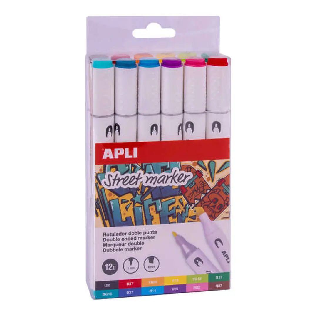Apli Street Marker Rotuladores de Doble Punta - Punta Redonda de 1mm y Biselada de 6mm - Tinta de Base Alcohol - 12 Colores Surtidos 1
