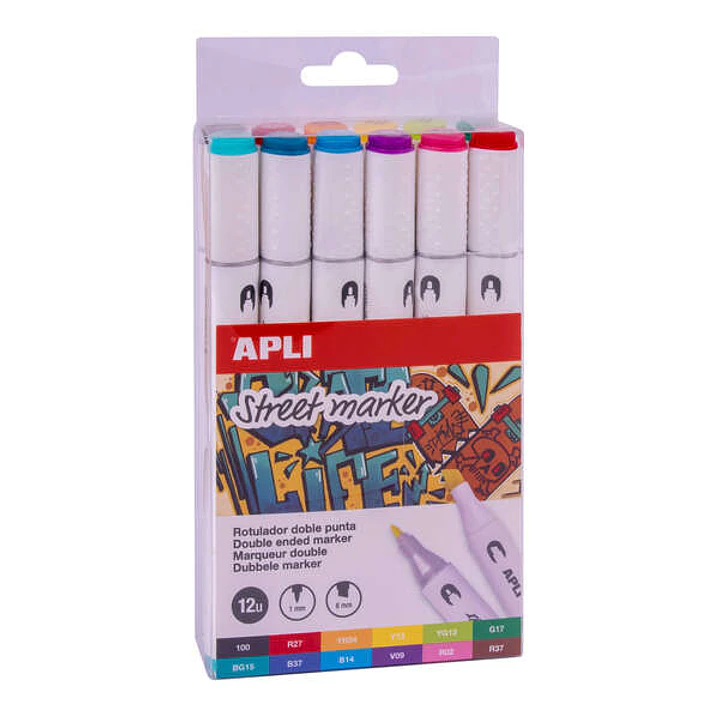 Apli Street Marker Rotuladores de Doble Punta - Punta Redonda de 1mm y Biselada de 6mm - Tinta de Base Alcohol - 12 Colores Surtidos 1