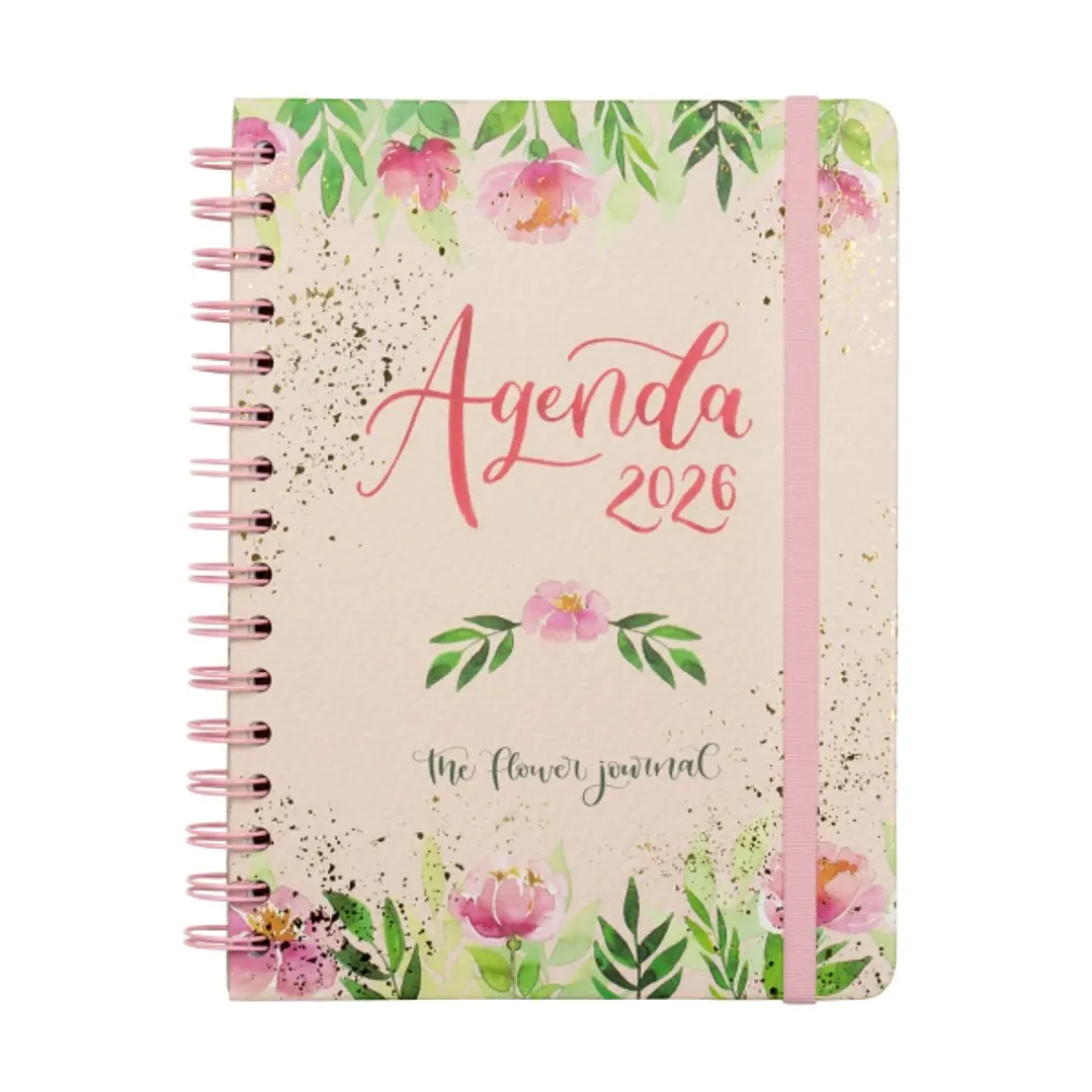 Finocam Flower Journal Agenda de Espiral - Anual 2026 - Tapa Dura - Cierre de Goma - Formato E10 - 155X212mm - Semana Vista Horizontal - Color Rosa 1