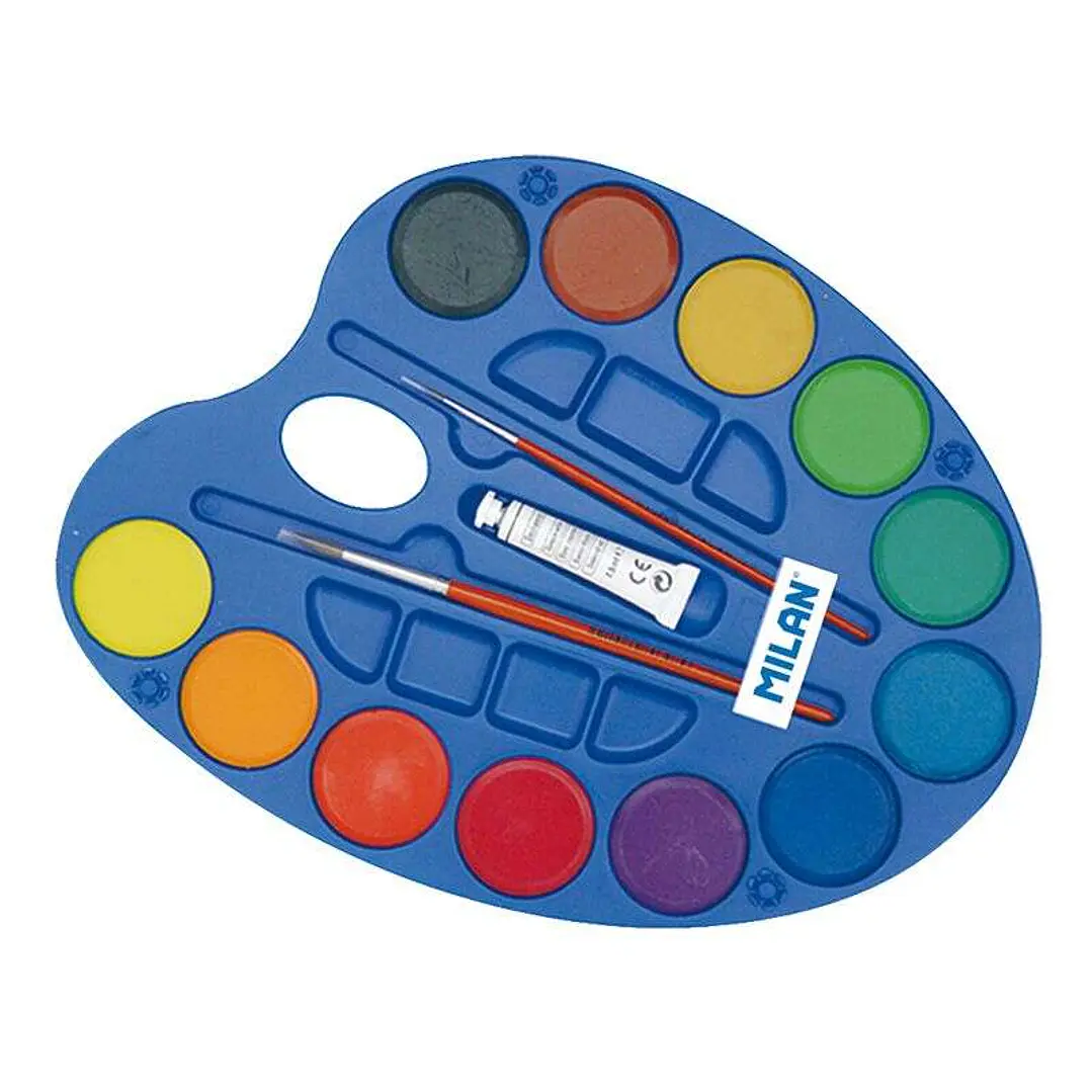 Milan Paleta de 12 Acuarelas Ø45 mm + Tubo de Pintura Blanca + 2 Pinceles Serie 101 - Mezclable - Colores Surtidos 1