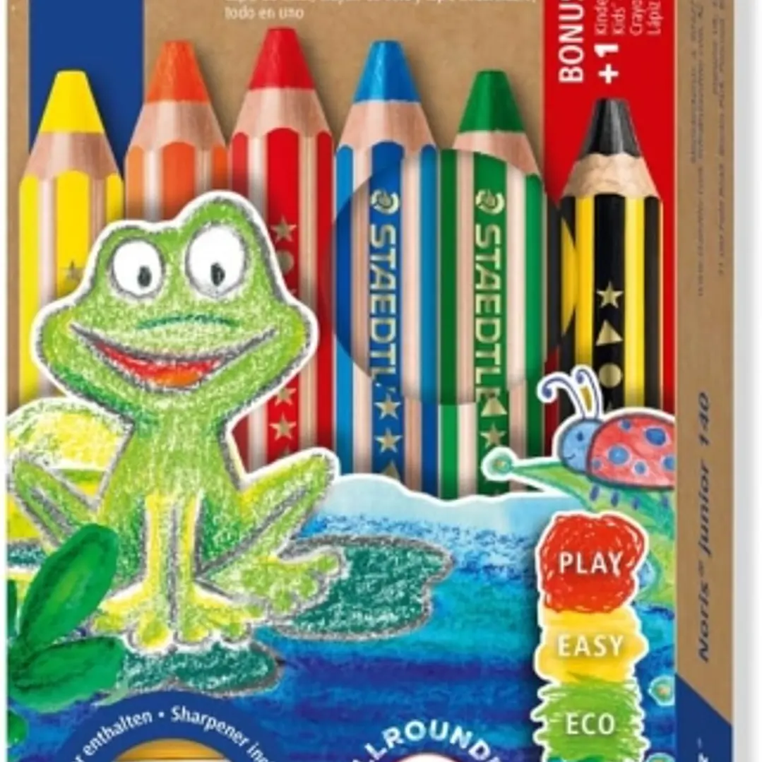 Staedtler Noris Junior Pack de 5 Lapices de Colores Extragruesos + Sacapuntas - 3 en 1, Lapiz, Cera y Acuarelable - Colores Surtidos 1