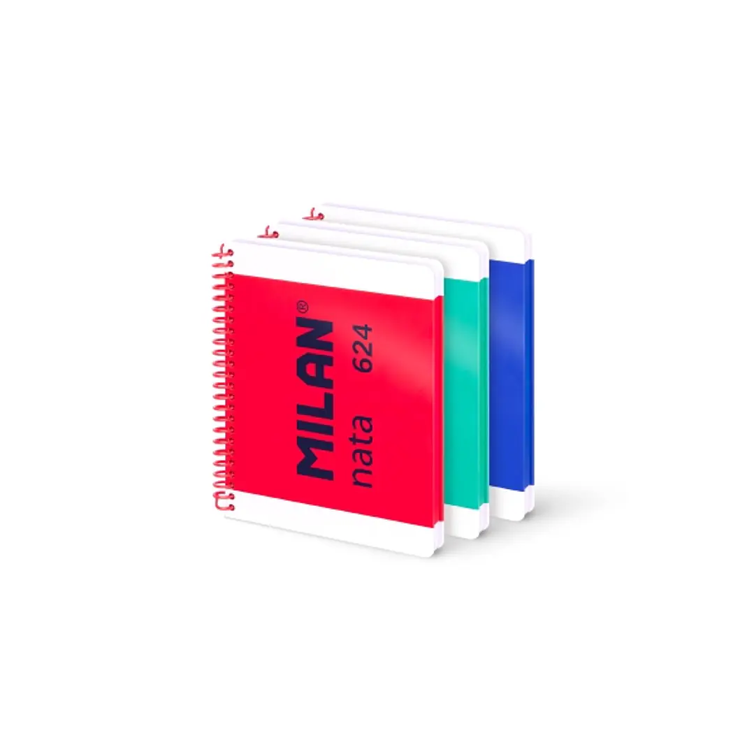 Milan Nata 624 Pack 3 Cuadernos A5 con Espiral - Papel a Lineas de 7mm - 80 Hojas de 95g - Tapa Dura - Colores Surtidos 1