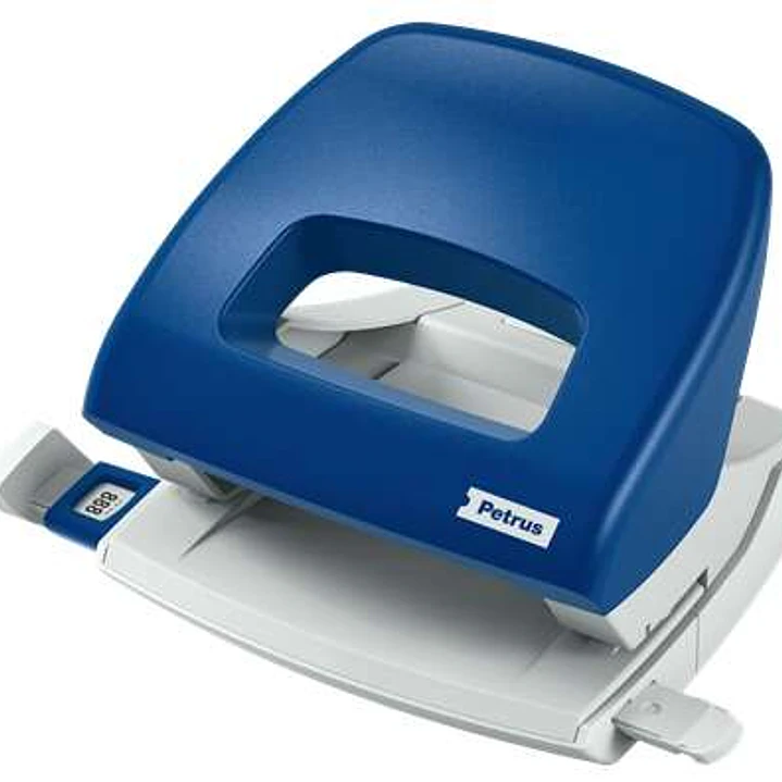 Petrus 80 Taladro Perforador Pequeño - Hasta 16 Hojas - Marcas de Formato - Facil Vaciado - Punzones 5.5mm - Color Azul 1