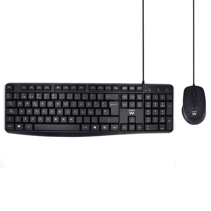 Ewent Paquete con Cable KB+RATON - Teclado de Oficina -Cable USB-A de 1.35m - Raton de oficina - 1000dpi - Cable USB-A de 1.35m - Color Negro 1