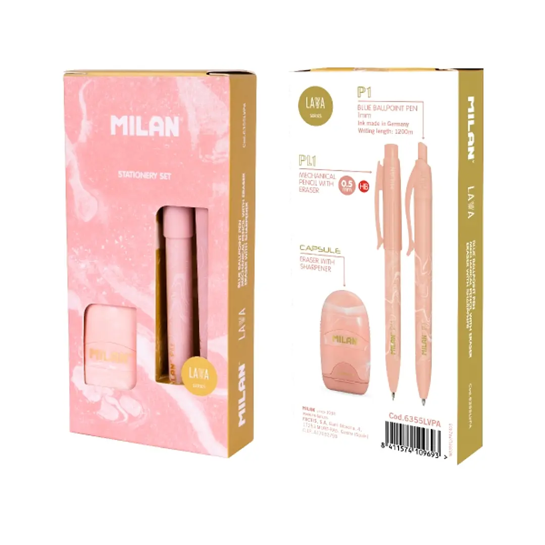 Milan Lava Pack de Boligrafo + Portaminas 0.5mm + Afilaborra - Caja de Regalo - Color Rosa 1