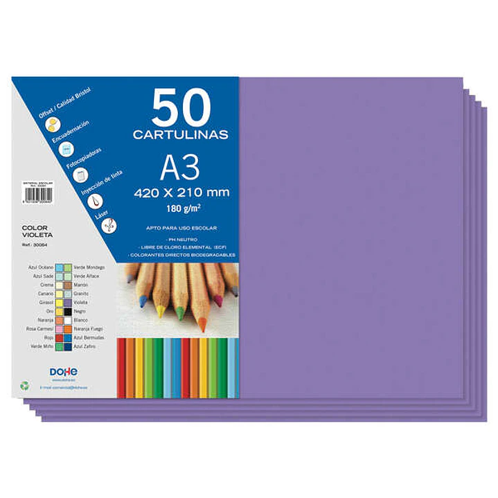 Dohe Pack de 50 Cartulinas A3 de 180gr - Con PH Neutro - Libres de Cloro Elemental - Color Violeta 1