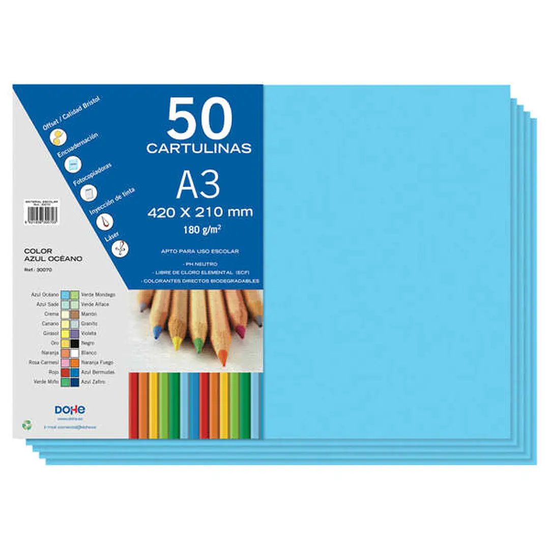 Dohe Pack de 50 Cartulinas A3 - Gramaje de 180g - Libres de Cloro - Colorantes Biodegradables - Color Azul Oceano 1