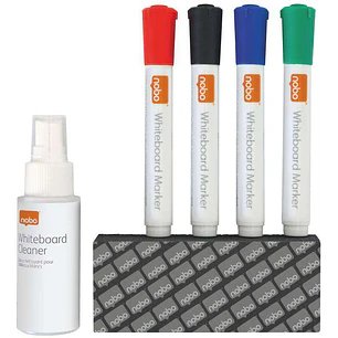 Nobo Pack de Accesorios para Pizarra Blanca - Incluye: 4 Rotuladores Pizarra, Borrador y Spray Limpiador 50Ml - Colores de los Rotuladores Negro, Azul
