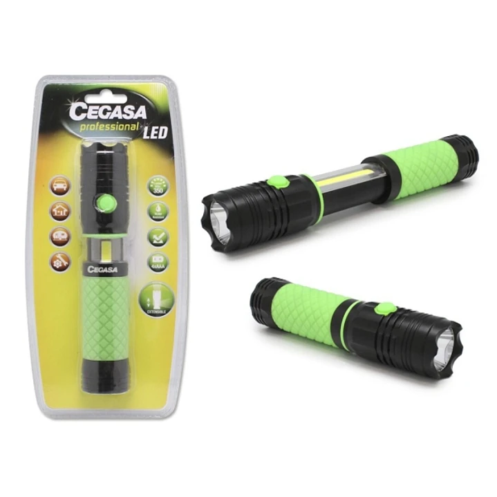 Cegasa Profesional Linterna LED Extensible con Luz Frontal 350lm y Luz Lateral 120lm - Resistente al Agua IP44 - Funciona con 4 Pilas AAA (No Incluida 1