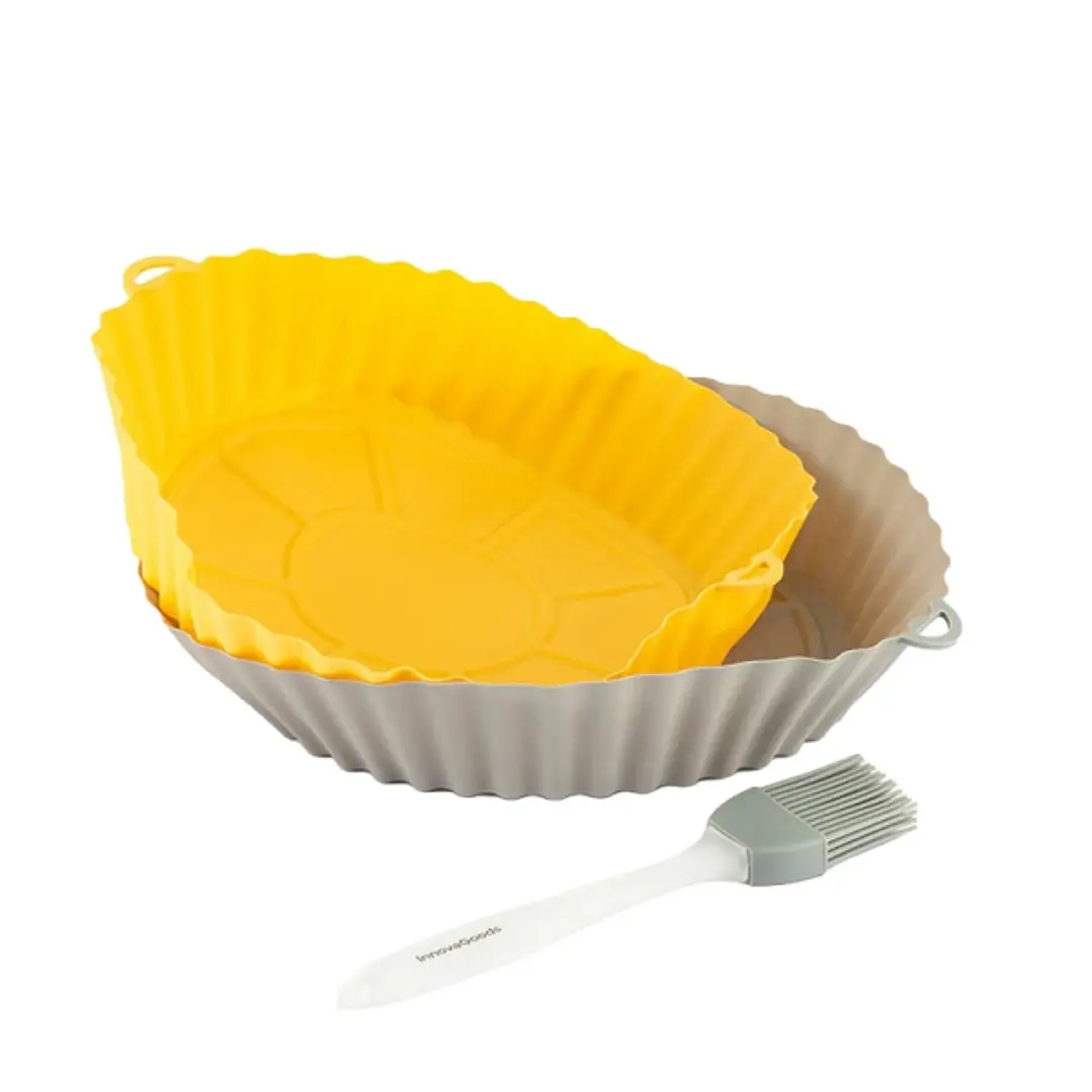 Innovagoods Mollicon Pack de 2 Cestas de Silicona para Freidoras de Aire - Antiadherente - Apto Lavavajillas - Libre de BPA - Facil Limpieza - Pincel  1