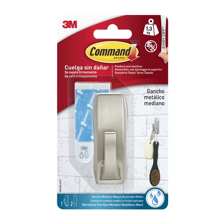 Command Gancho Metalico Mediano para Aseo - Resistente al Agua - 2 Tiras Adhesivas - Soporta hasta 1.3kg - Estilo Moderno - Color Niquel Satinado 1