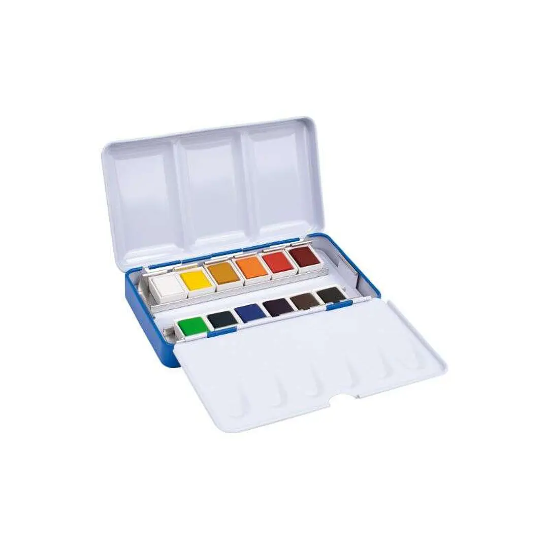 Milan Art Estuche Metalico de 12 Acuarelas Medio Godet - Opacos y Resistentes a la Luz - Mezclables - Bandeja Abatible - Colores Surtidos 1