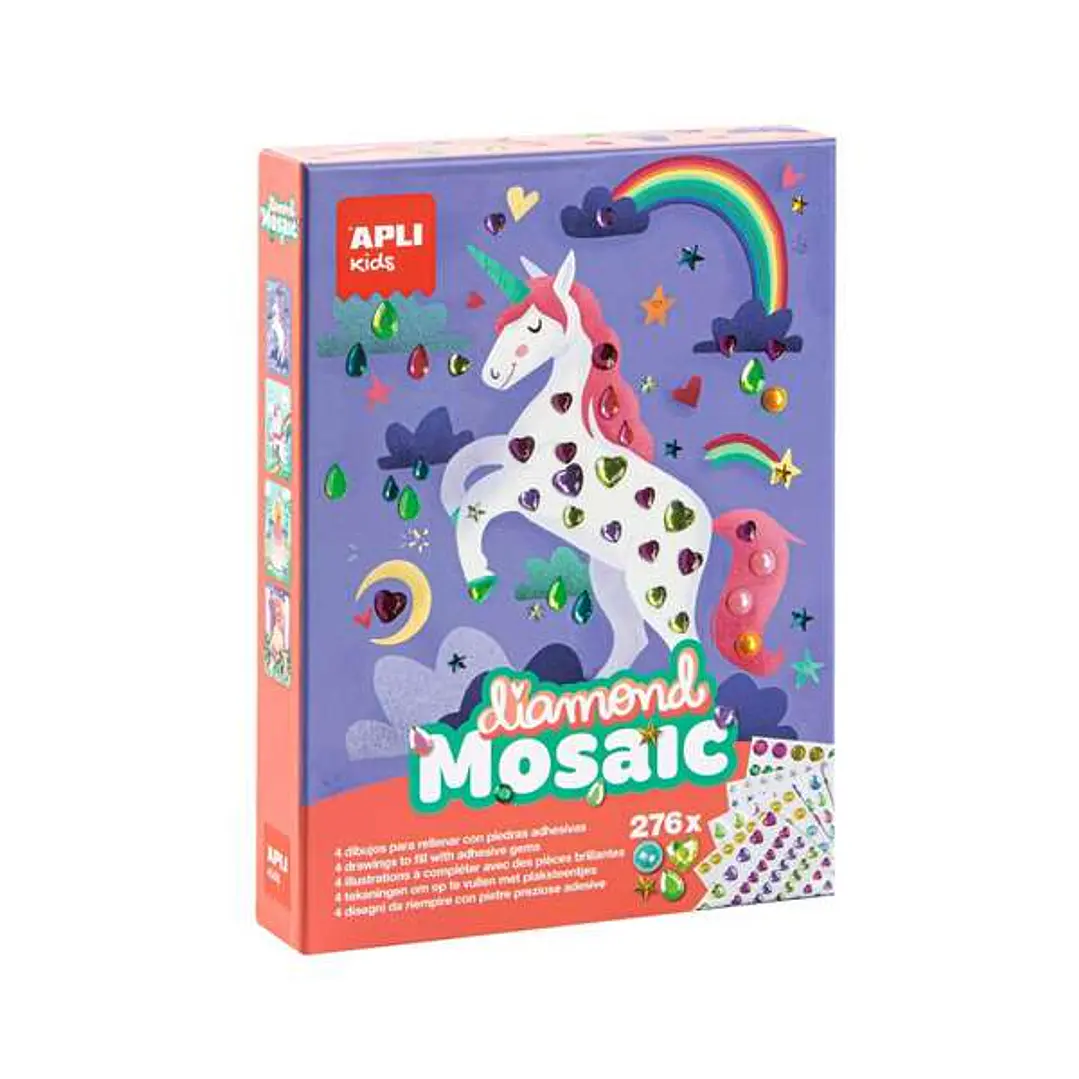 Apli Mosaico Diamante - Completa los Dibujos con Diamantes - 4 Laminas Ilustradas - 276 Diamantes de Diferentes Colores 1