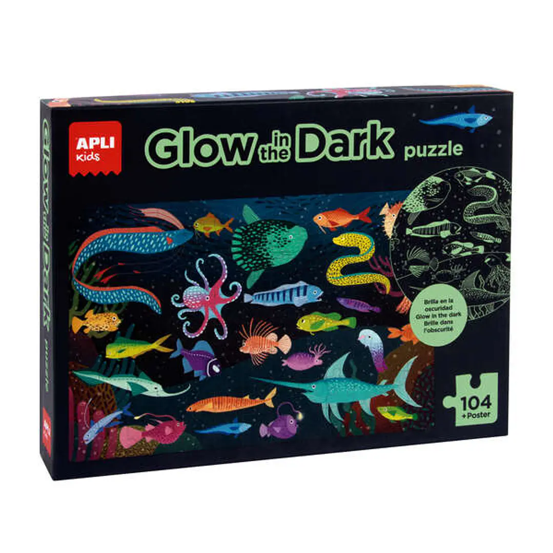 Apli Glow in the Dark Puzzle Fluorescente de 104 Piezas 5x5cm - Tematica Oceanos - Poster para Facilitar Montaje - Recomendado para Niños a partir de  1