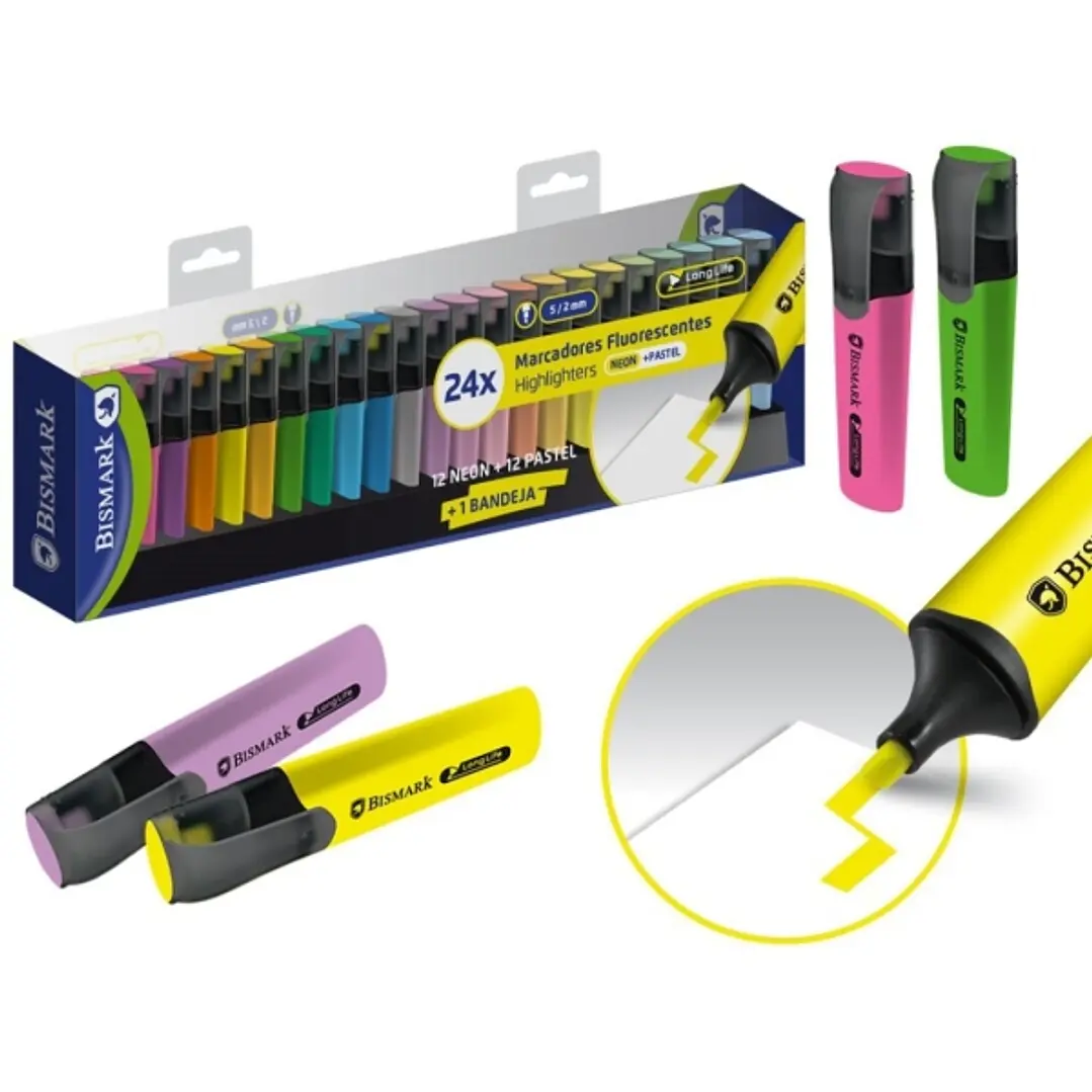 Bismark Pack de 24 Marcadores Fluorescentes - Punta Biselada 2 - 5mm Aprox - Tinta Base de Agua - Larga Duracion - Colores Neon y Pastel Surtidos 1