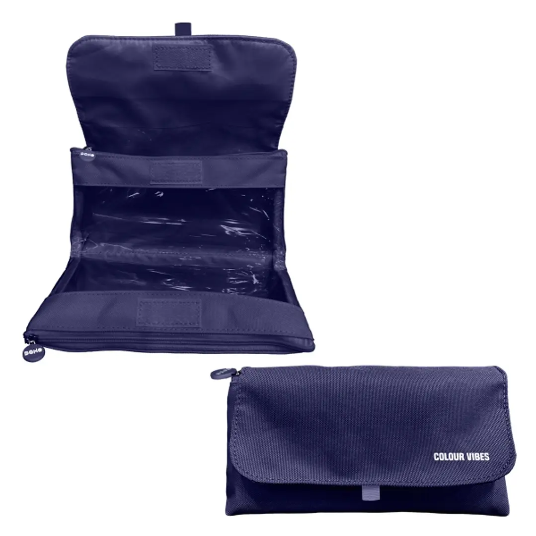 Dohe Vibes Portatodo Doble - Solapa con Bolsillo Interior - Cremallera - Ventanas Transparentes - Poliester - 22x11x6cm - Color Azul Oscuro 1